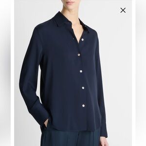 VINCE Stretch Silk Button-Up Shirt in Coastal Blue, Size L